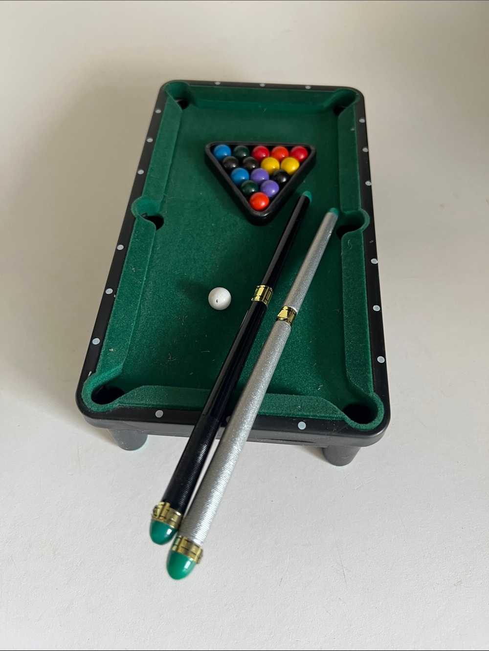 Mini Pool Table Game Set with Green Felt and Cues Complete